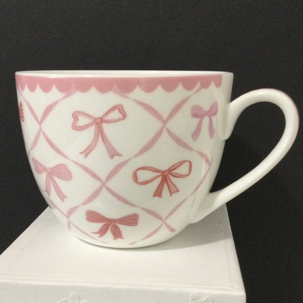 Bluebird and Willow Bone China Ceramic Pink Bow Pattern Mug EUC